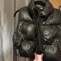 Black Leather Puffer Vest 