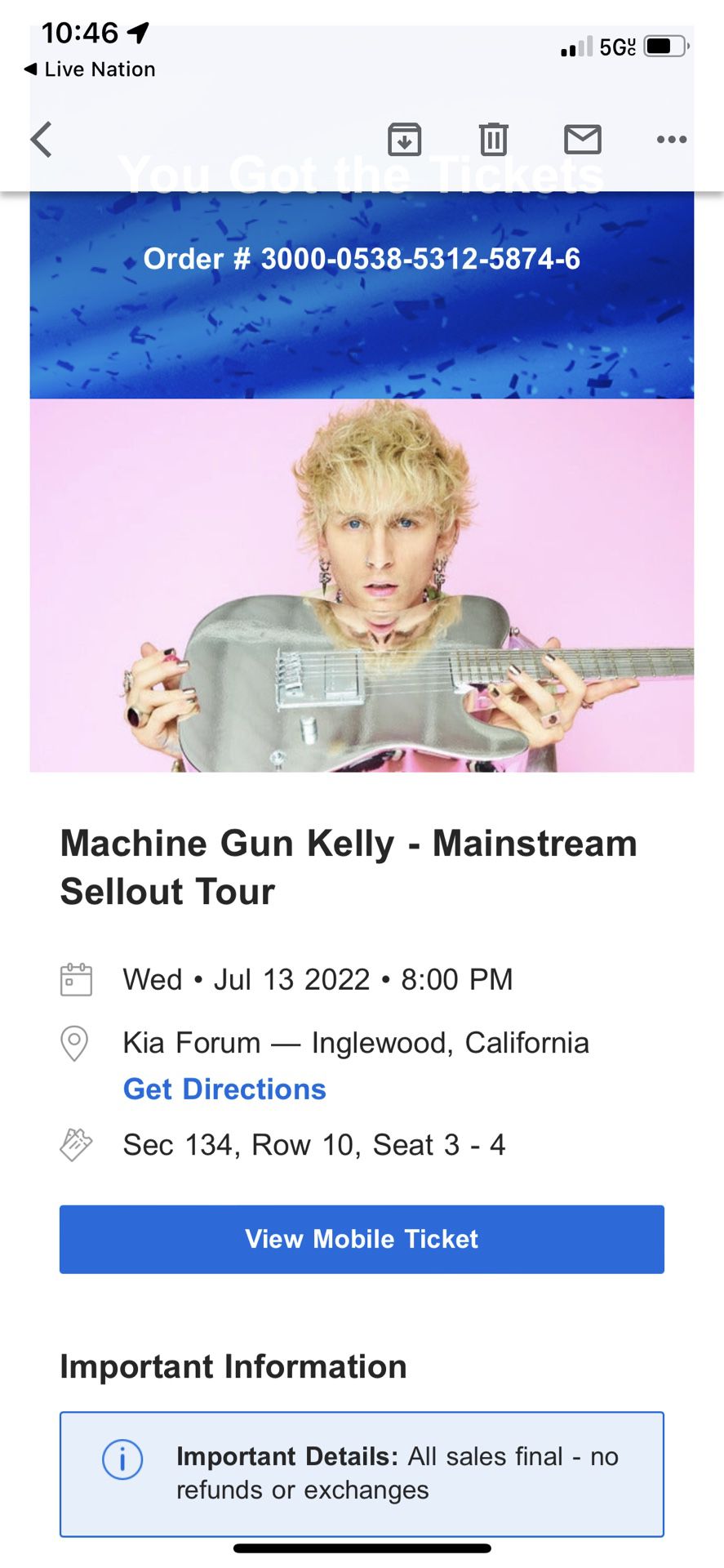 Machine Gun Kelly concert  Mainstream Sellout Tour 2 Tickets 119.50 Face Value Each Y