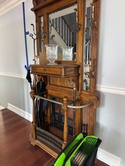Antique Oak Hall Tree with Mirror