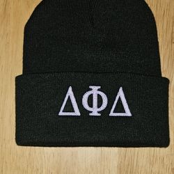 Black Delta Phi Delta beanie with white embroidery #greeklife #fraternity