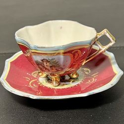 L & R Austria Antique Hand-Painted Footed Red Gold Demitasse Cup & Saucer