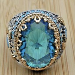  Mens Ring  Aquamarine 925k Sterling Silver Ottoman Ring Gemstone Ring Size 10