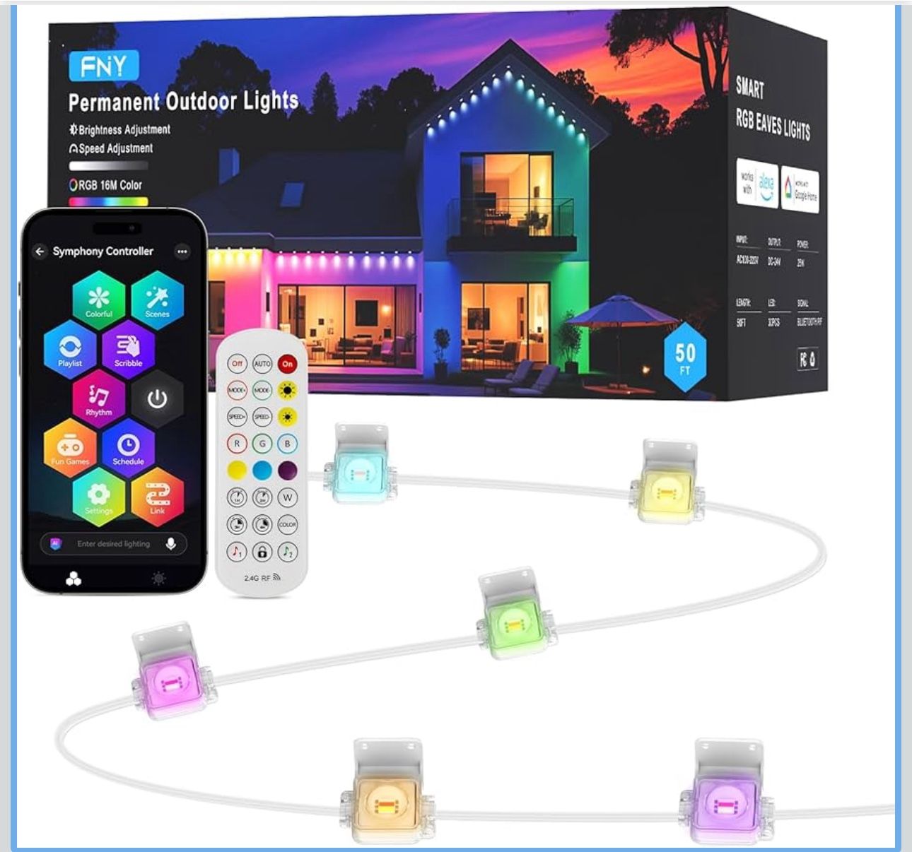 New-FNY Permanent Outdoor Lights 50ft Smart RGB with 30 LED, IP67 Waterproof for Outdoor Decor, App/Remote Control Eaves Lights Compatible with Alexa,