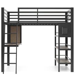 Kids Loft Bed, Metal With Attached Shelves And Desk