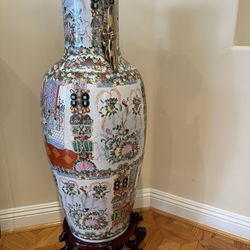 Large China Vase with Wooden Stand