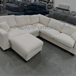 New Ivory White Sectional Couch Sofa And Ottoman Set 