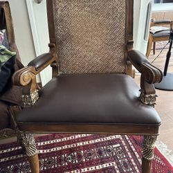Hooker Neoclassical Wood Leather Wicker Accent Dining Desk Chairs  4 Pieces Available 