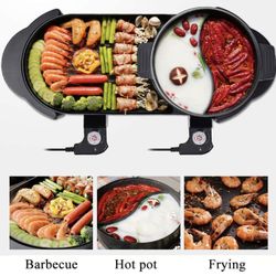 2 in 1 Electric Bbq Hot Pot Grill Electric Barbecue Pan Grill and Hot Pot for Indoor Outdoor Parties Non-Stick Pan with Dual 5-Speed Temperature Contr
