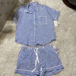 Target blue white stripe pajama shorts short sleeve light weight set medium