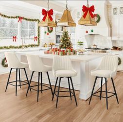 Counter Height Bar Stools Set of 4, 26'' Swivel Modern Barstools with armrests and Metal Legs, Upholstered Bar Chairs, Linen Fabric Bar Stools for Kit