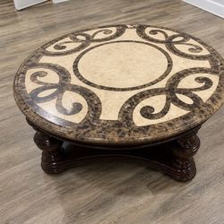 Large Round Coffee Table – Marble/Stone Top & Wood Base