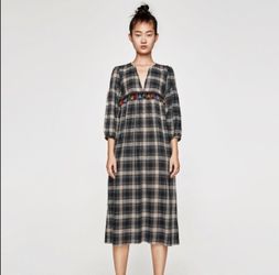 ZARA Plaid Midi Dress with Colorful PomPom Tassels