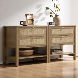 Set of 2,Night Stand with Drawers and Storage Shelf - Large Nightstands Rattan Decor Boho Bedside Table Narrow Side Table for Bedroom,