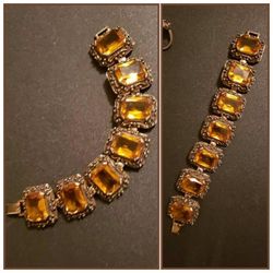 VINTAGE BRASS METAL ART DECO ART NOUVEAU CZECH CZECHOSLOVAKIAN AMBER GLASS FILIGREE BEADED BRACELET