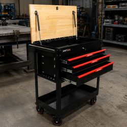 35" Black Metal Heavy Duty Tool Cart / 3 Glide Drawer / Flip Top Wood Workbench w/ Storage / Lockable /  Open Lower Storage [NEW] **Assembly Req