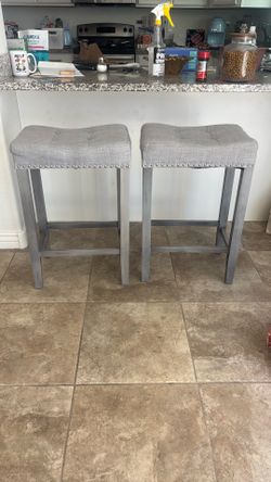 Gray Upholstered Tufted Studded Bar Stools