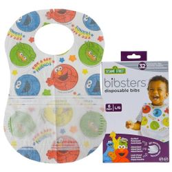 Sesame Street Large Disposable Bibs with Patented Crumb-Catcher, Leakproof Liner, and Reusable Fastener, Ages 6+ Months, 32 count