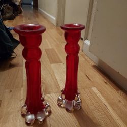 Glass Candlesticks. Red And Clear Thick Glass,  Vintage,About 20 In Tall