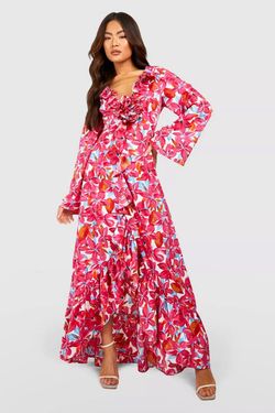 Women Pink Floral Ruffle Maxi Dress Party Wear