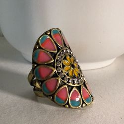 Vintage Brass Ring Yellow Flower Rhinestone Center