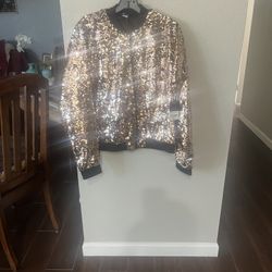 Runway women’s sparkly golden sequin jacket zipper long sleeve glitter sequin bomber jacket with two side pockets new from jcpenny  Original price $84
