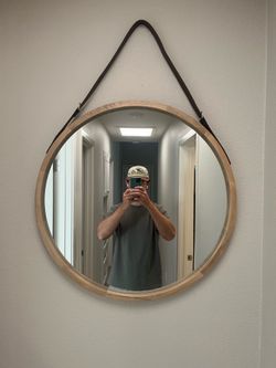 Wood Framed Round Mirror w/ Leather Strap