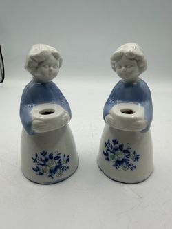 Vintage 1970s Porcelain Set of 2 Girl Tapper Candle Holders made in Germany