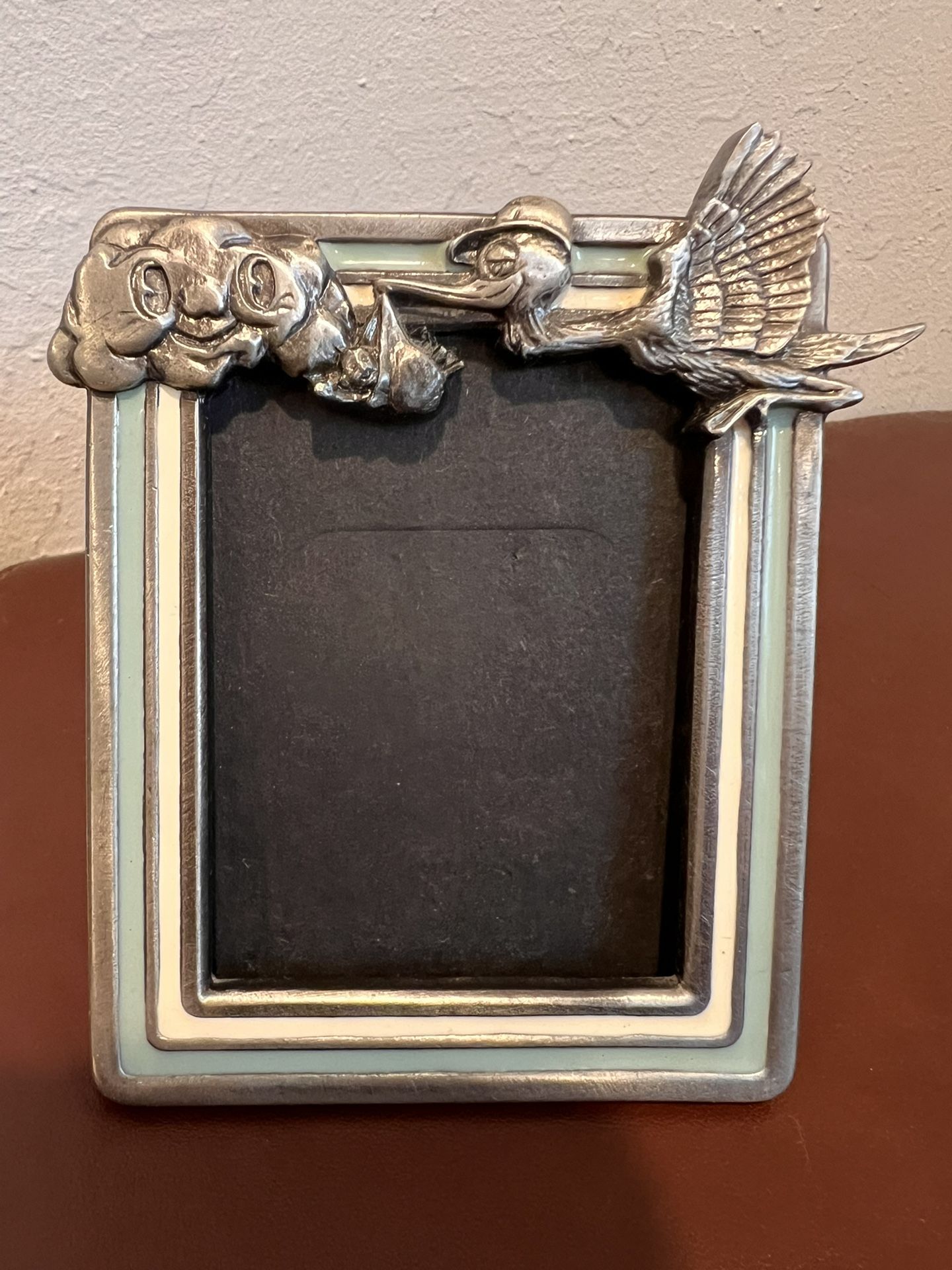 Pewter Newborn Baby Stork Clouds Picture Frame Great American Products 1988 USA