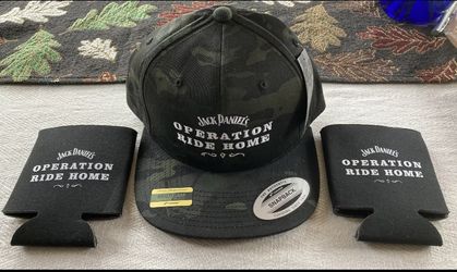 Jack Daniels Operation Ride Home Snap Back Cloth Camo Hat & 2 Can Cooler Koozies