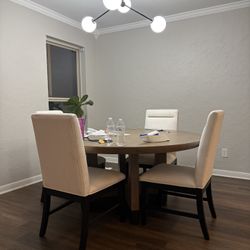 Nice Round Wood Table And Premium Fabric Chairs