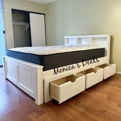 Queen Solid Wood Bed With 3 Drawers And Mattress $760