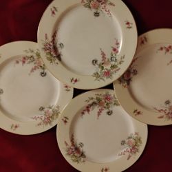 5 -Piece Antique Ceramic Flower Plates with Gold Trim