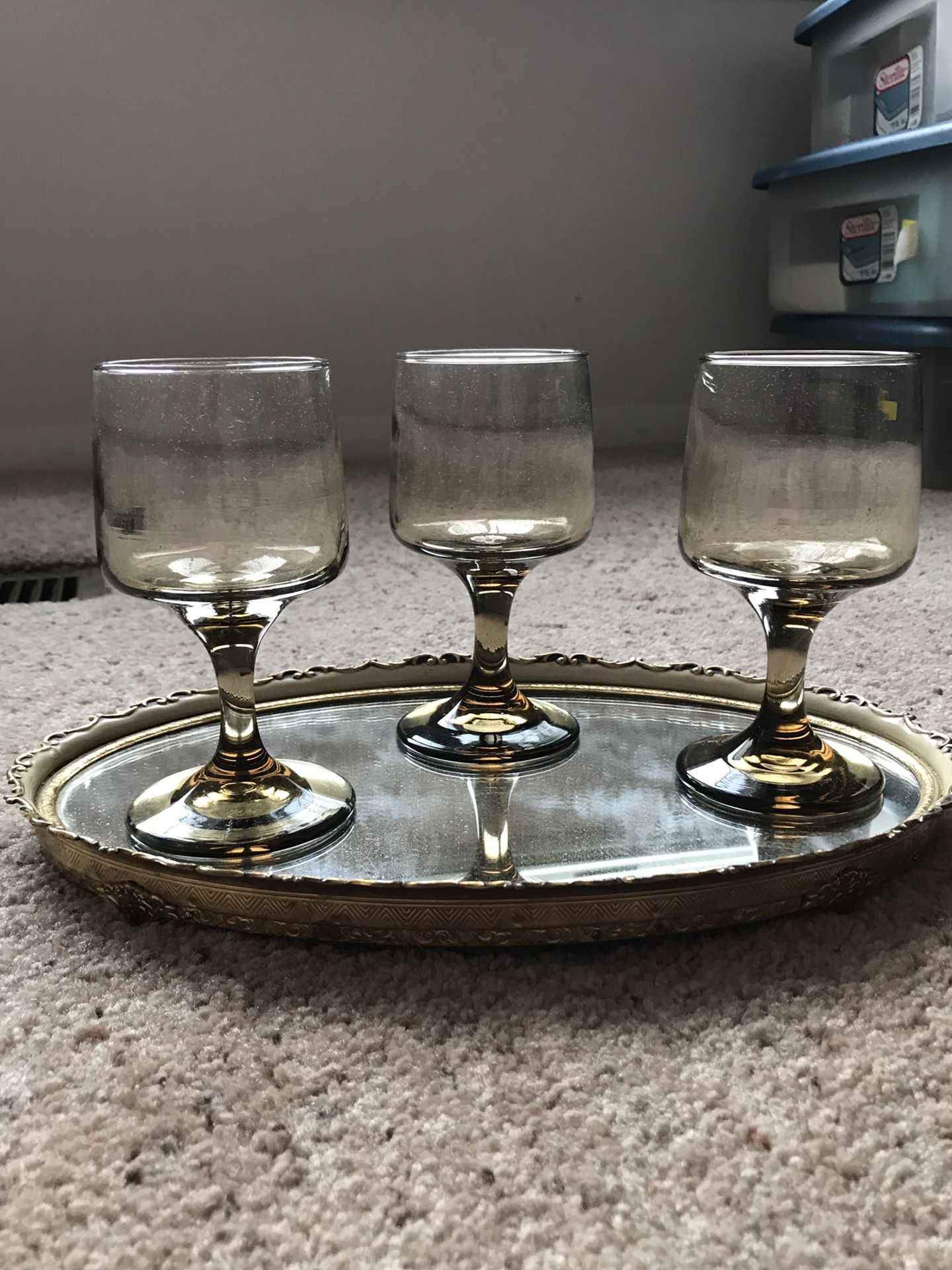3 Vintage Mid Century Smoked Glass Wine Glasses