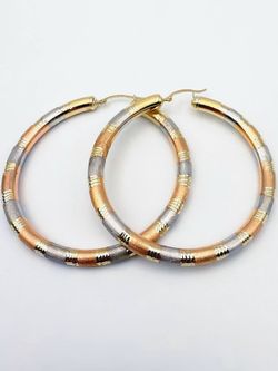 14k tri color solid gold Rounded Satin Smooth Hoop Earrings Diameter 2.6”