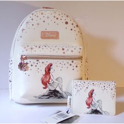 LOUNGEFLY DISNEY LITTLE MERMAID ROSE GOLD ROCK MINI BACKPACK & CARD HOLDER NEW