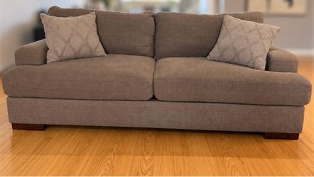 2 identical - Gray Taupe Fabric Two-Seat Sofa with Throw Pillows