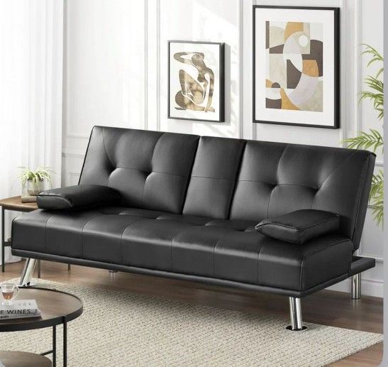 Black Leather Futon With Cup Holder NEW 