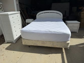 White Wicker Bedroom Set with Bed Frame, Dresser, 2 Drawer Nightstand, and Storage Nightstand