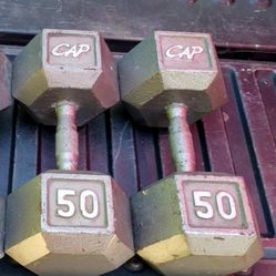 PAIR  OF CAP  50  POUND  HEX (Thick Handle In The Middle)  DUMBBELLS 