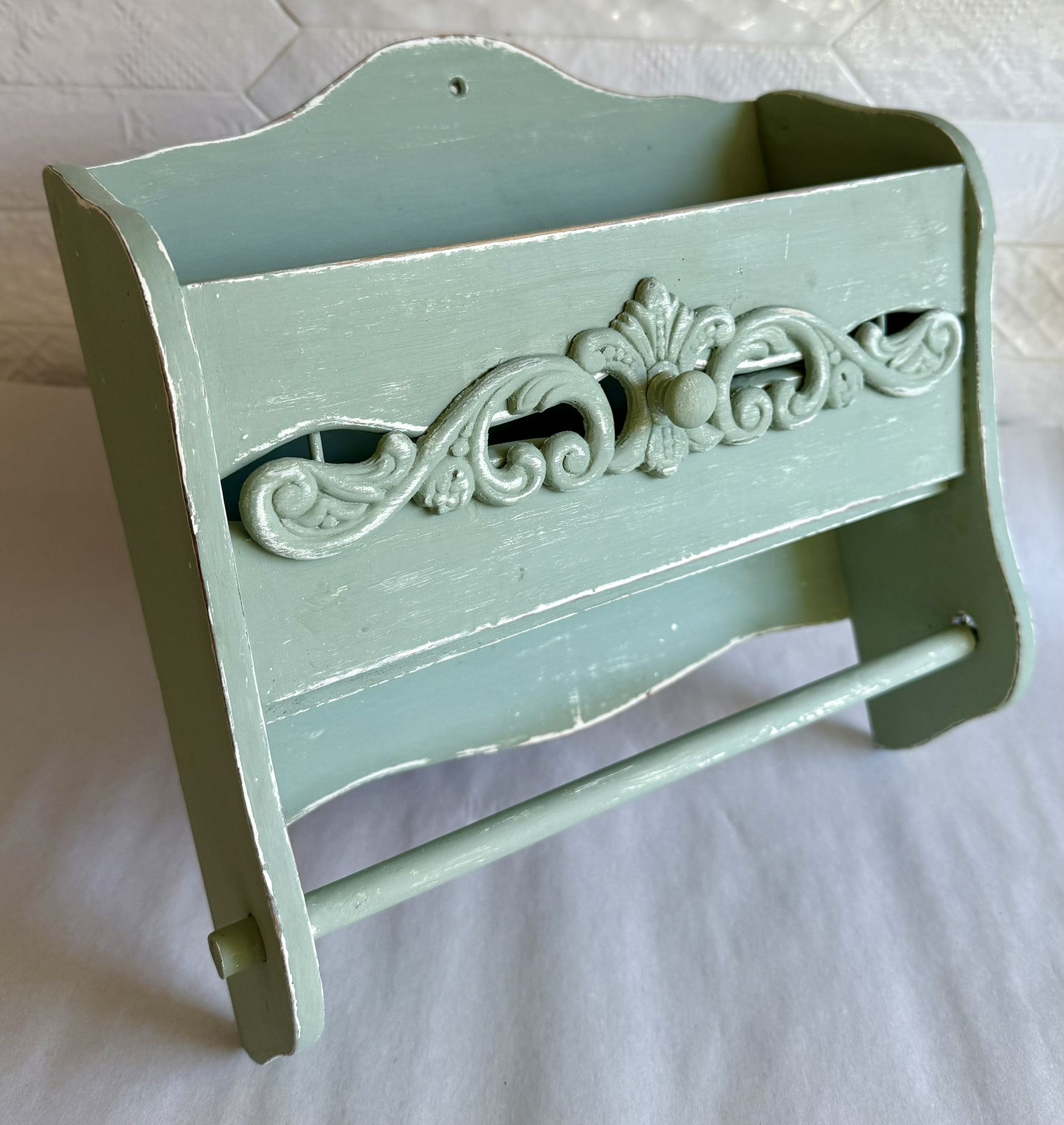 Vintage Upcycled Rustic Green Wooden Wall Shelf 