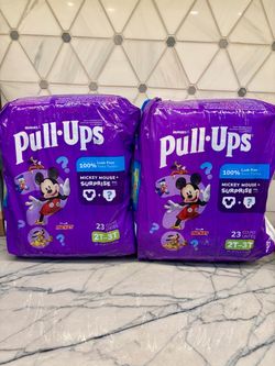 Huggies Pull-Ups training pants are size 2T-3T for children 16-34 lbs. New/unopened package of 23 count