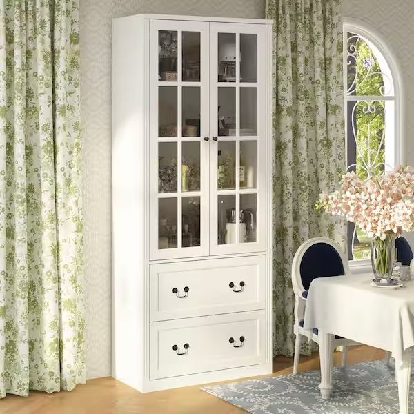 White Wooden 31.5 in. W Buffet Pantry Cabinet Kitchen Cabinet with Adjustable Shelves and Tempered Glass Doors, Drawers