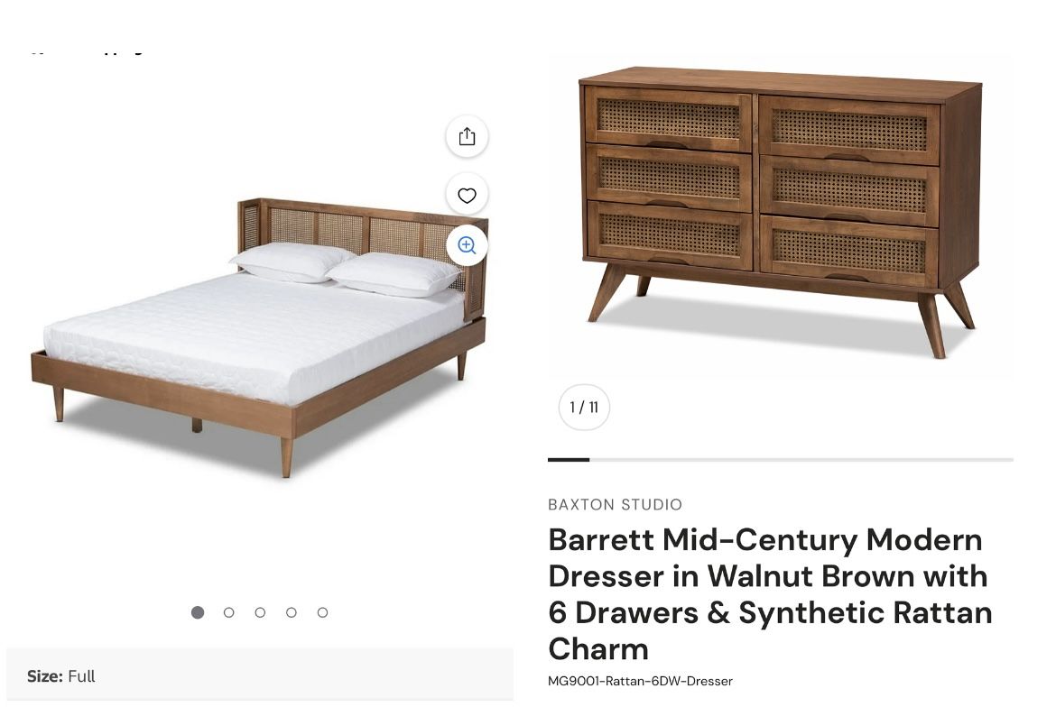 Walnut Ash Mid Century Modern Rattan Full Size Bed Frame And Dresser Tv Stand