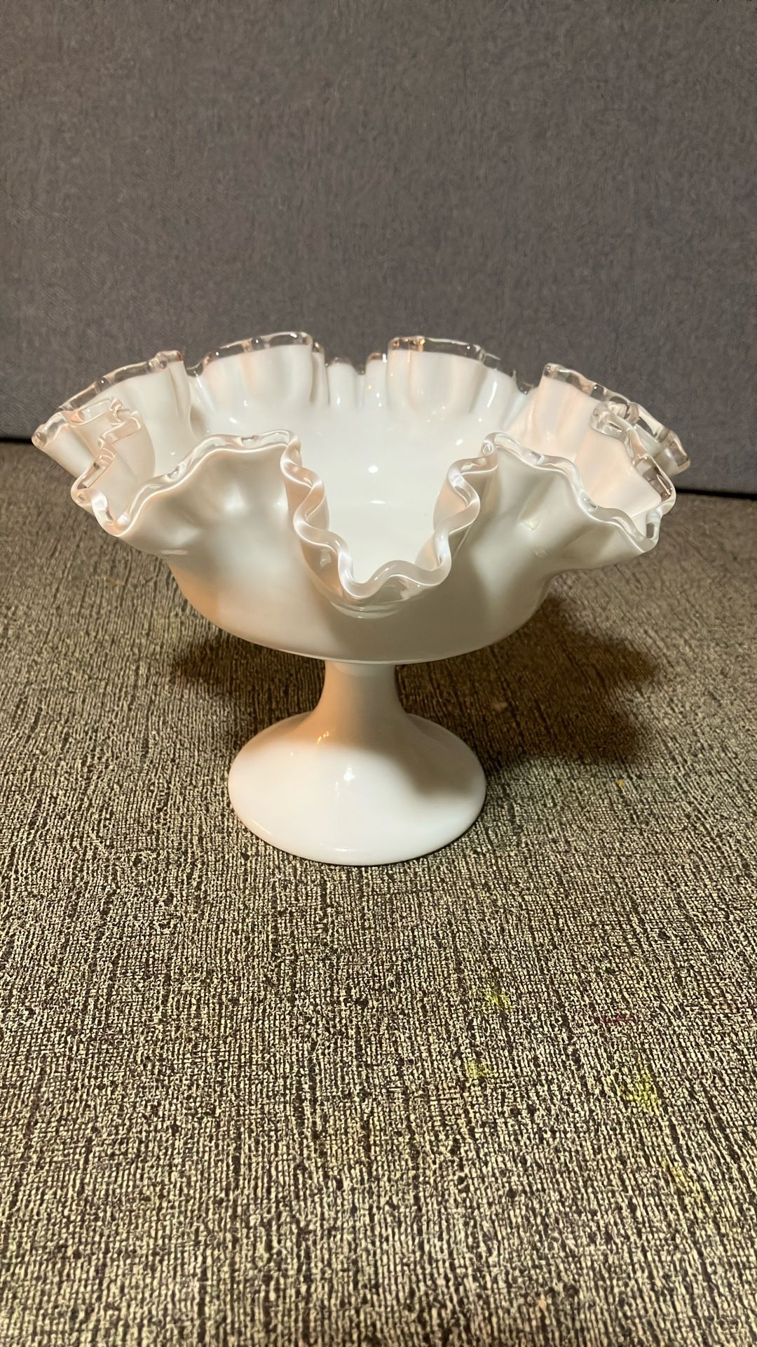 Vintage Fenton Silver Crest Milk Glass Compote Pedestal Candy Dish Ruffled Bowl