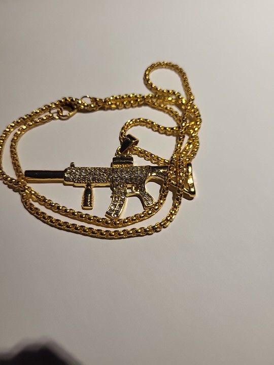 Iced Out, Mens Machine Gun CZ Pendant Gold Plated 22" Chain Necklace