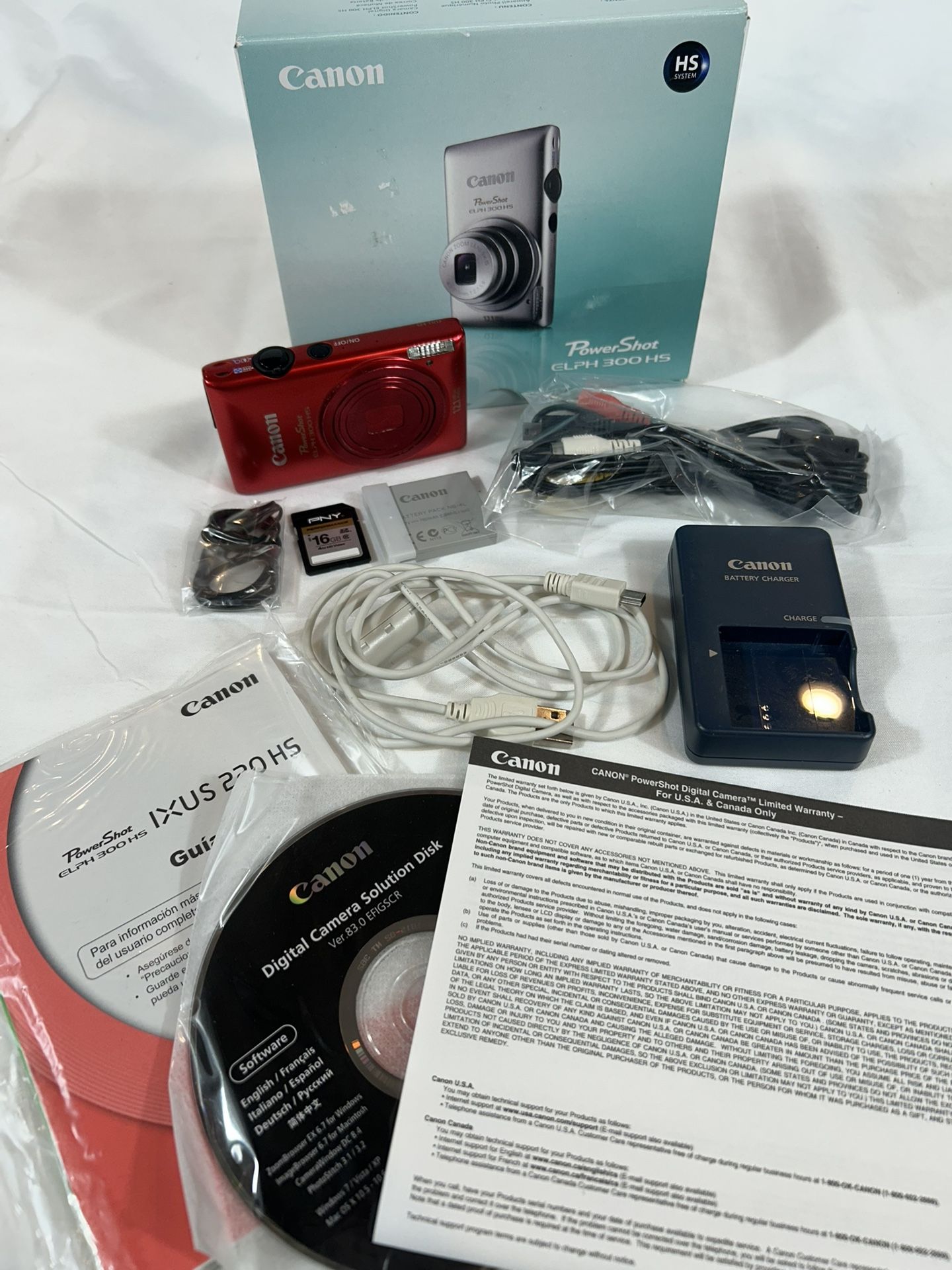 Canon PowerShot ELPH 300 HS 12.1MP Red Digital Camera Bundle - Tested Working