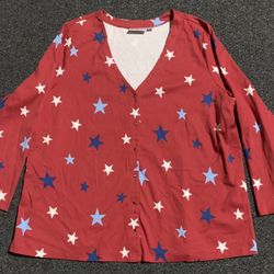 Quacker Factory women’s plus size 2X patriotic 4th of July snap closure front v neck cardigan 