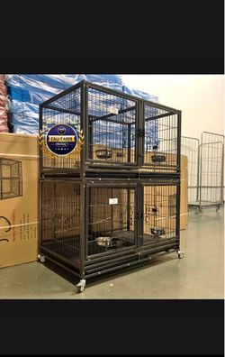 Double stacked dog pet cage kennel size 43” with divider and feeding bowls new in box.