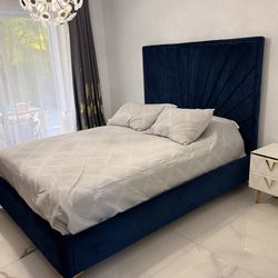Navy Queen Velvet Bed and Nightstands