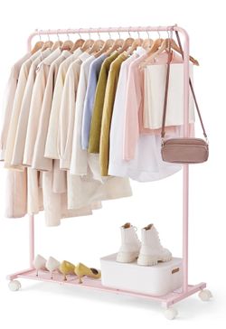 Clothes Rack with Wheels, Clothing Rack for Hanging Clothes, 25.4mm Metal Garment Rack with Dense Mesh Storage Shelf, 110 lb Load Capacity, 2 Brakes, 